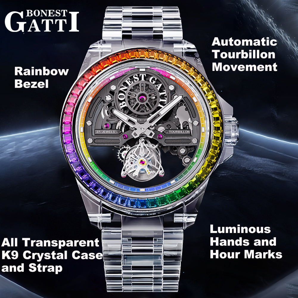BONEST GATTI K9 Cryatal Case Strap Automatic Skeleton Tourbillon Watch BG7007