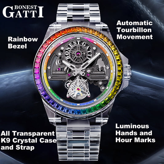 BONEST GATTI K9 Cryatal Case Strap Automatic Skeleton Tourbillon Watch BG7007
