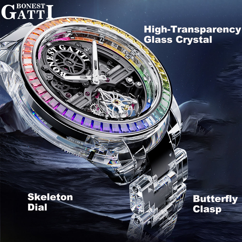 BONEST GATTI K9 Cryatal Case Strap Automatic Skeleton Tourbillon Watch BG7007
