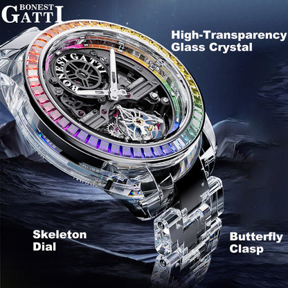 BONEST GATTI K9 Cryatal Case Strap Automatic Skeleton Tourbillon Watch BG7007