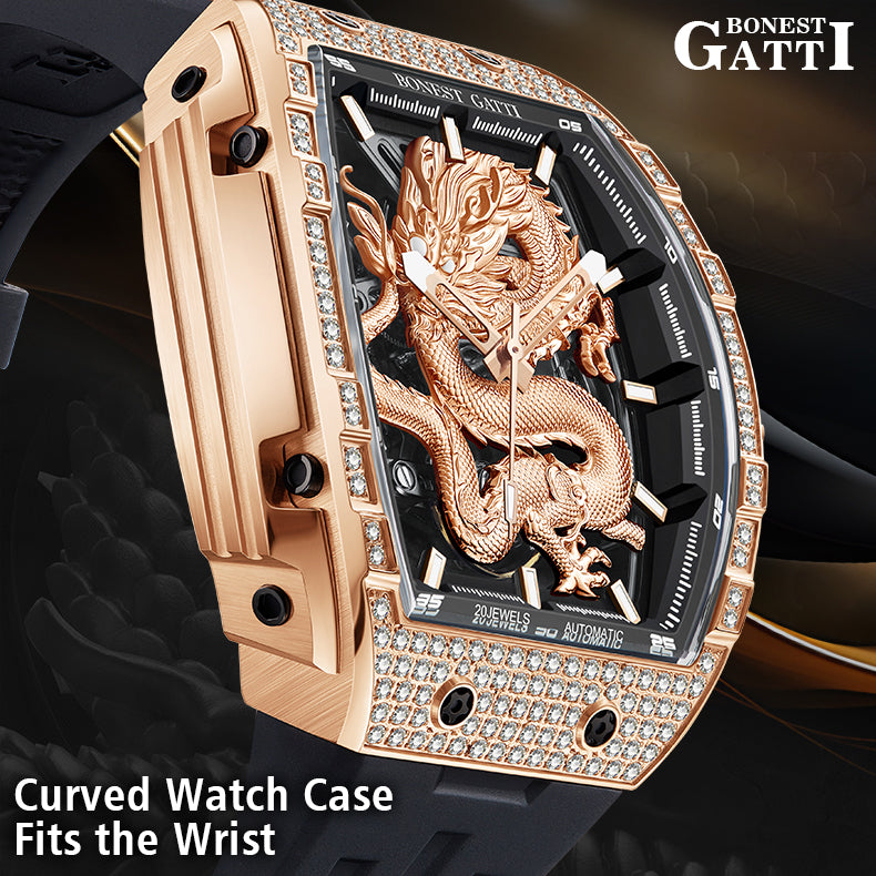 BONEST GATTI Barrel Dragon & Phoenix Couple Watch Automatic Mechanical Movement Luminous GB9901