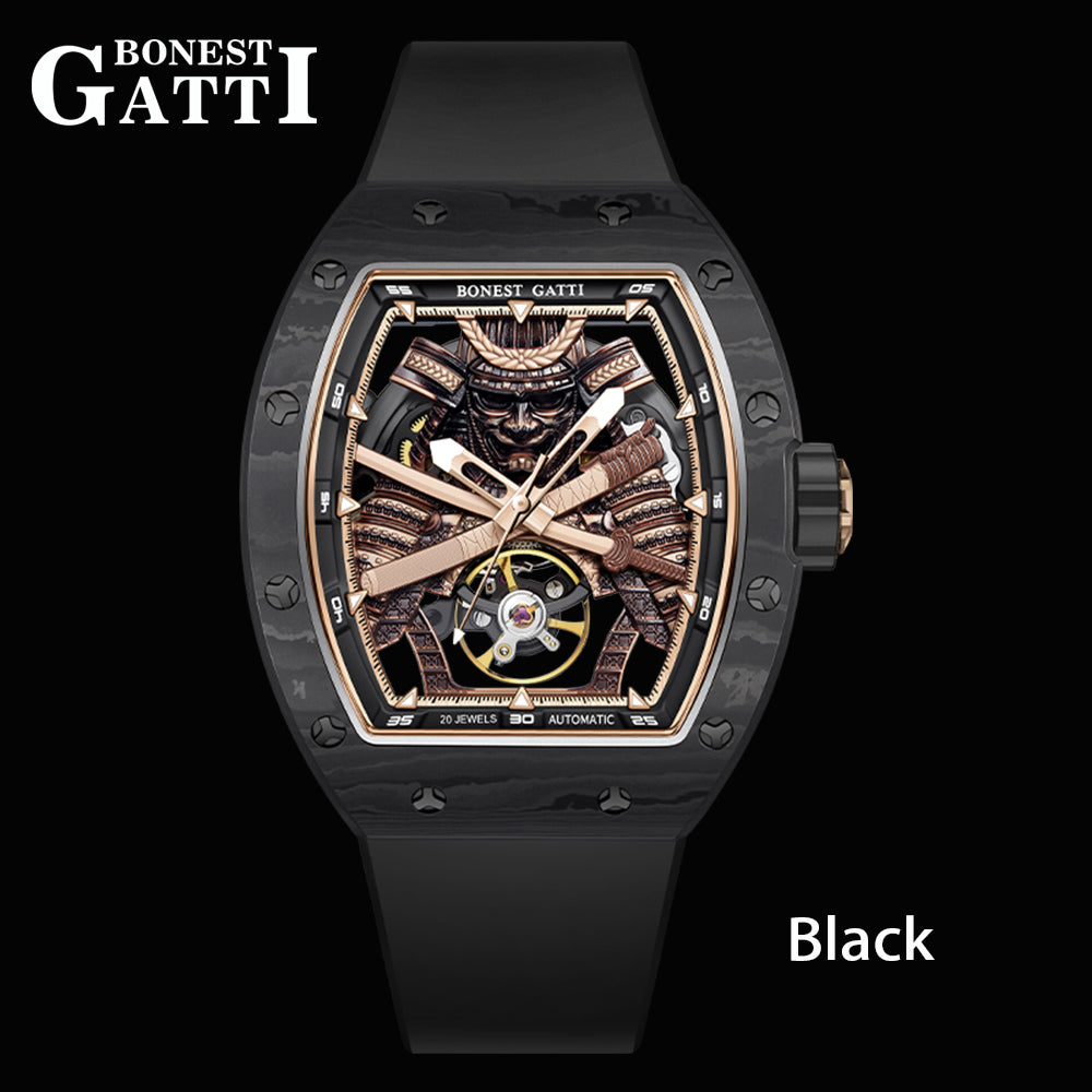BONEST GATTI Automatic Tonneau Watch Phantom Black Warrior Dial Carbon Fiber Skeleton Self Wind Movement Sapphire Crystal Luminous Watch BG9008