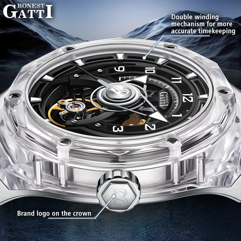 BONEST GATTI  Transparent Case Dodecagon Bezel Automatic Skeleton Movement Round Shaped Fluororubber Strap Watch BG5806