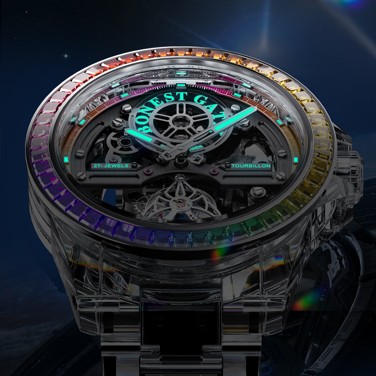 BONEST GATTI K9 Cryatal Case Strap Automatic Skeleton Tourbillon Watch BG7007