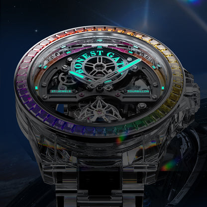 BONEST GATTI K9 Cryatal Case Strap Automatic Skeleton Tourbillon Watch BG7007