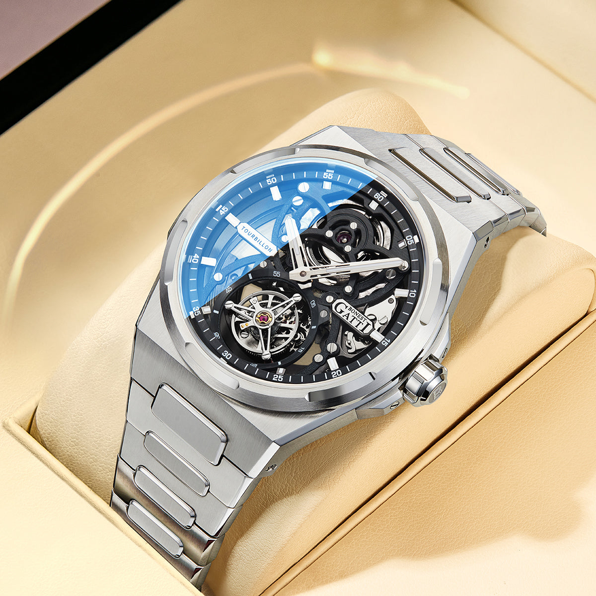 BONEST GATTI Automatic Tourbillon Watch Skeleton Self Wind 80H Power Reserve Sapphire Crystal Luminous Watch BG7004