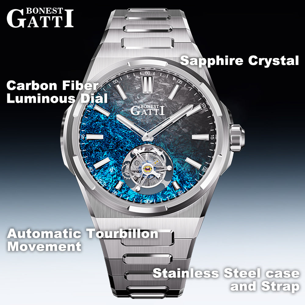 BONEST GATTI Carbon Fiber Luminous Dial Automatic Tourbillon Watch Self Wind Sapphire Crystal Men Watch BG7006