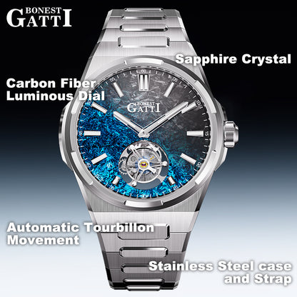 BONEST GATTI Carbon Fiber Luminous Dial Automatic Tourbillon Watch Self Wind Sapphire Crystal Men Watch BG7006