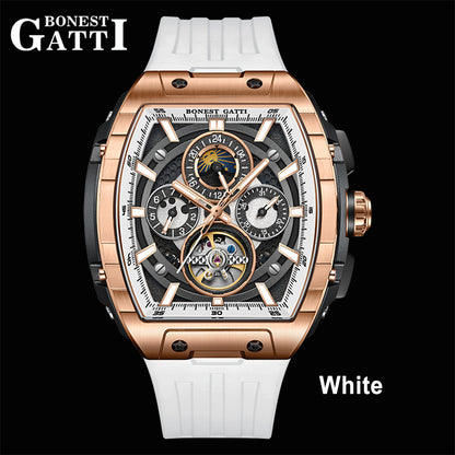 BONEST GATTI Automatic Tonneau Watch Calendar Week Display Skeleton Self Wind Movement Sapphire Crystal Luminous Watch BG5005