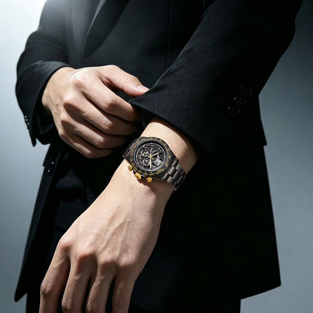BONEST GATTI Carbon Fiber Bezel Skeleton Automatic Chronograph Watch BG8019