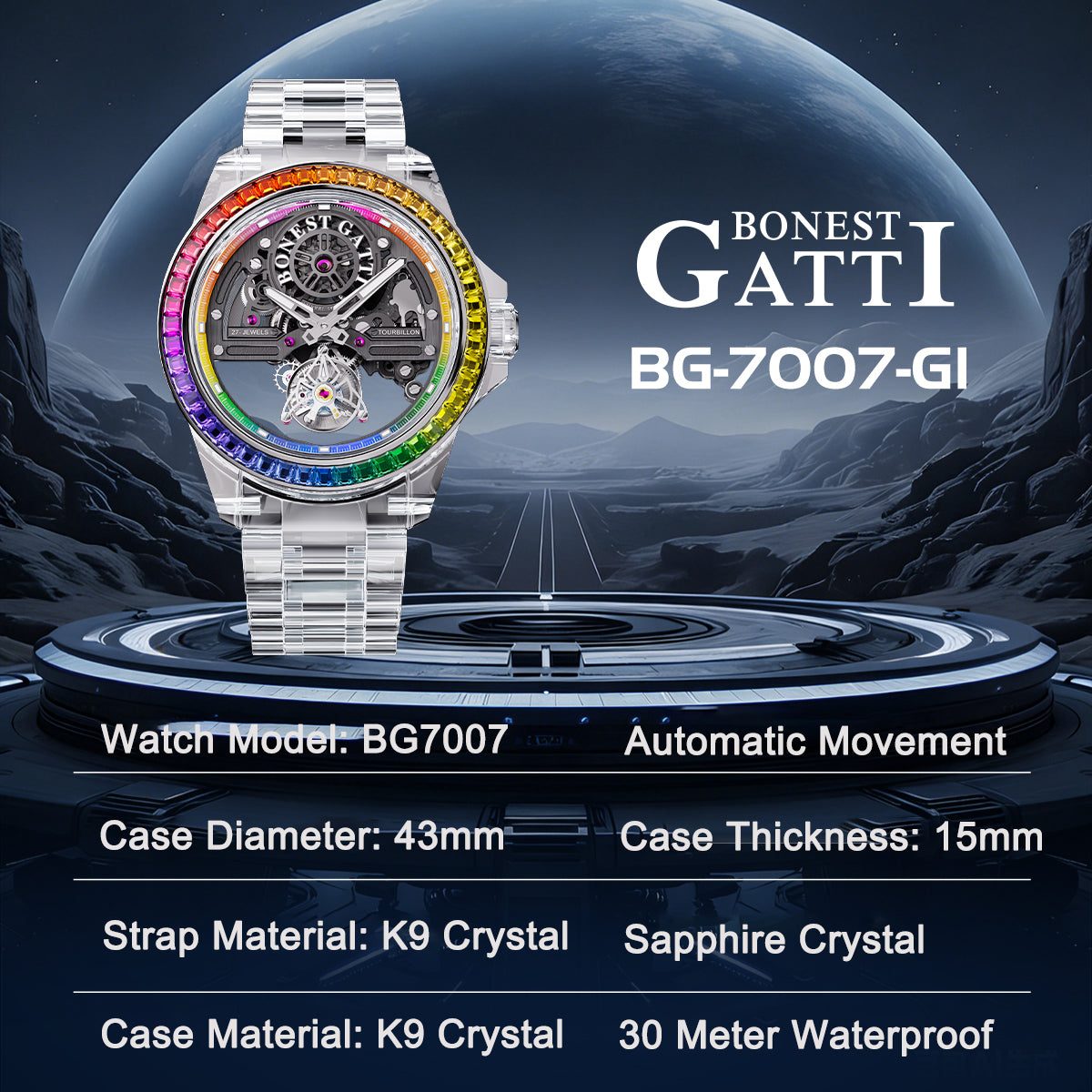 BONEST GATTI K9 Cryatal Case Strap Automatic Skeleton Tourbillon Watch BG7007