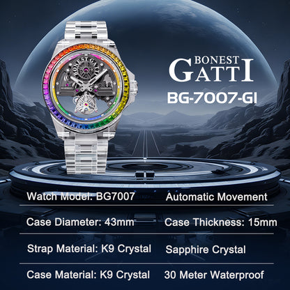 BONEST GATTI K9 Cryatal Case Strap Automatic Skeleton Tourbillon Watch BG7007