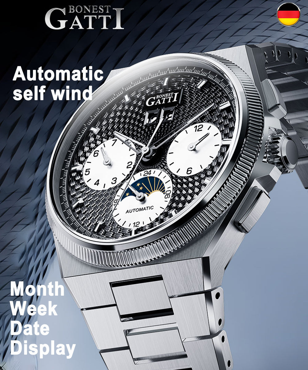 BONEST GATTI Automatic Men Watch Date Week Month Display Self Wind Movement Sapphire Crystal Luminous Watch BG8006