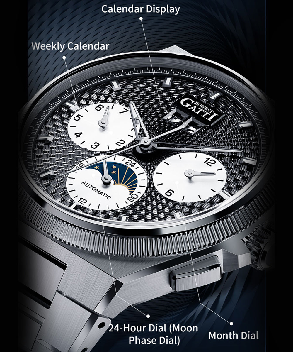 BONEST GATTI Automatic Men Watch Date Week Month Display Self Wind Movement Sapphire Crystal Luminous Watch BG8006