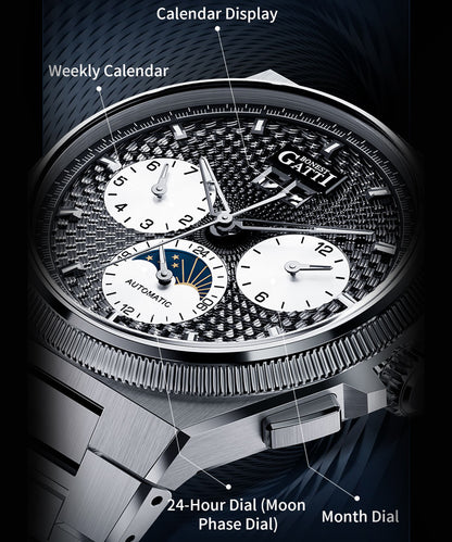 BONEST GATTI Automatic Men Watch Date Week Month Display Self Wind Movement Sapphire Crystal Luminous Watch BG8006