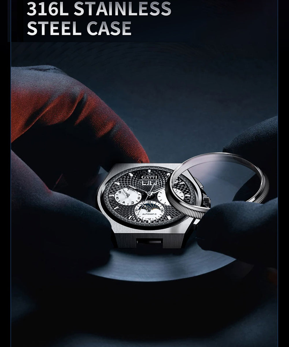 BONEST GATTI Automatic Men Watch Date Week Month Display Self Wind Movement Sapphire Crystal Luminous Watch BG8006