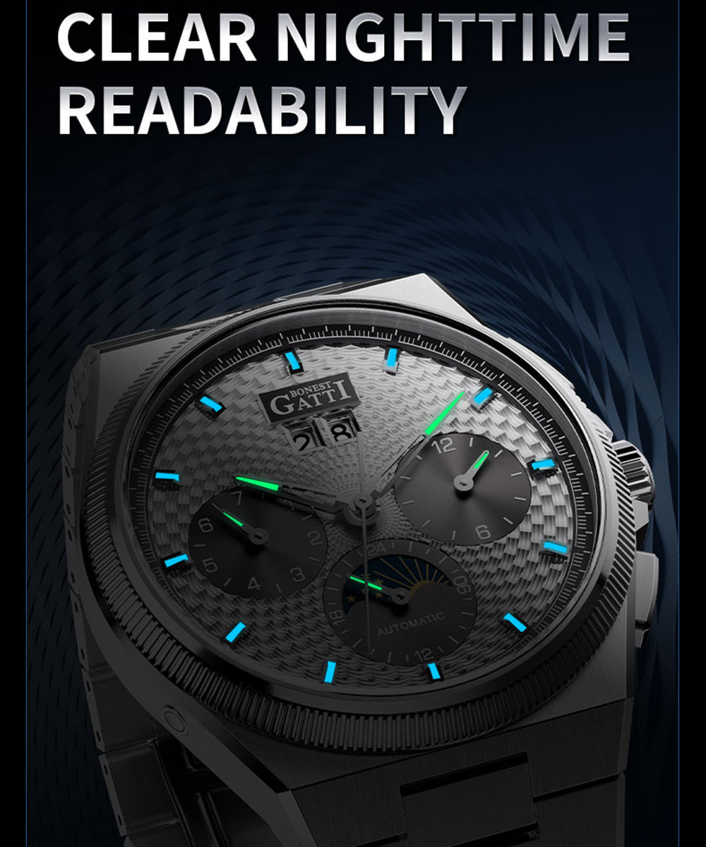 BONEST GATTI Automatic Men Watch Date Week Month Display Self Wind Movement Sapphire Crystal Luminous Watch BG8006