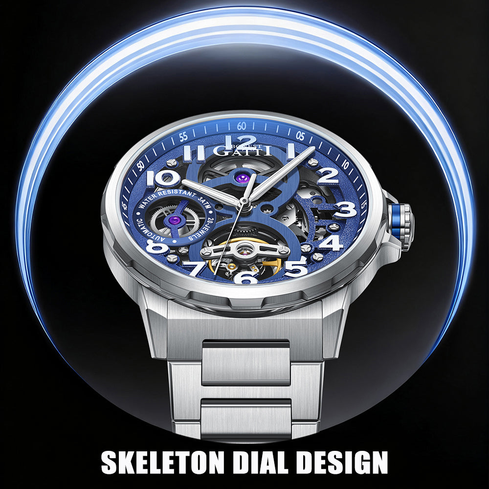 BONEST GATTI Automatic Skeleton Watch Self Wind Movement Sapphire Crystal Luminous Watch BG8010