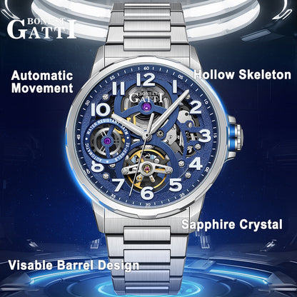 BONEST GATTI Automatic Skeleton Watch Self Wind Movement Sapphire Crystal Luminous Watch BG8010