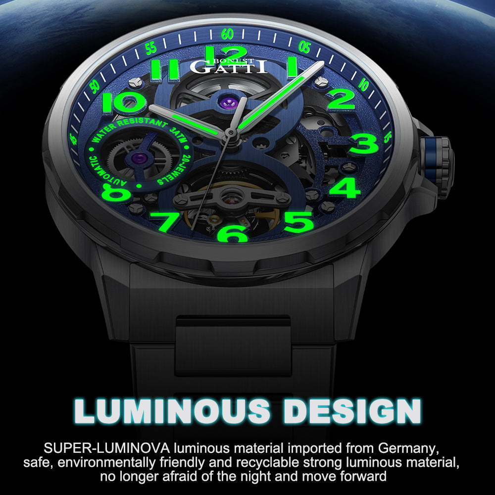 BONEST GATTI Automatic Skeleton Watch Self Wind Movement Sapphire Crystal Luminous Watch BG8010