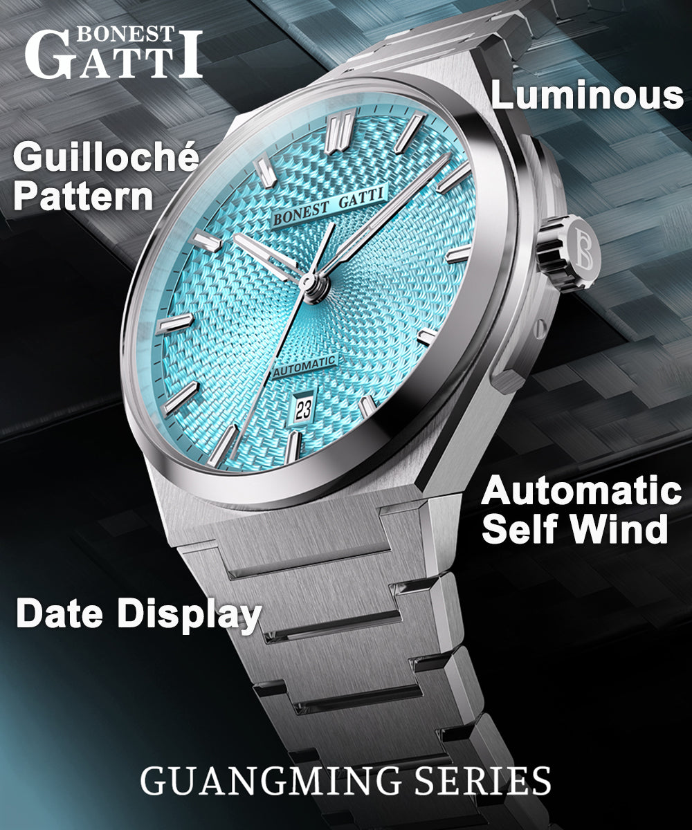 BONEST GATTI Automatic Men Watch Guilloché Pattern Date Display Self Wind Movement Sapphire Crystal Luminous Business Watch BG8012