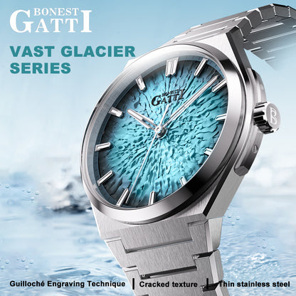 BONEST GATTI Automatic Men Watch Ice Crack Pattern Dial Self Wind Movement Sapphire Crystal Luminous Business Watch BG8013