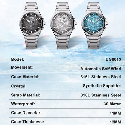 BONEST GATTI Automatic Men Watch Ice Crack Pattern Dial Self Wind Movement Sapphire Crystal Luminous Business Watch BG8013