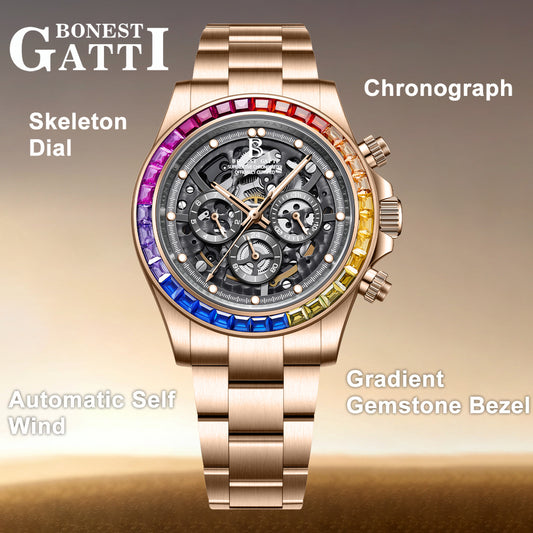 BONEST GATTI Gradient Gemstone Bezel Skeleton Automatic Chronograph Watch BG8018