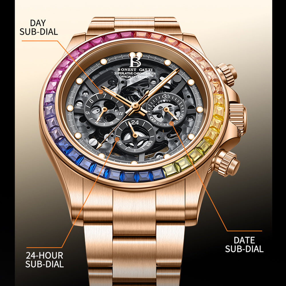 BONEST GATTI Gradient Gemstone Bezel Skeleton Automatic Chronograph Watch BG8018
