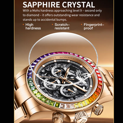 BONEST GATTI Gradient Gemstone Bezel Skeleton Automatic Chronograph Watch BG8018
