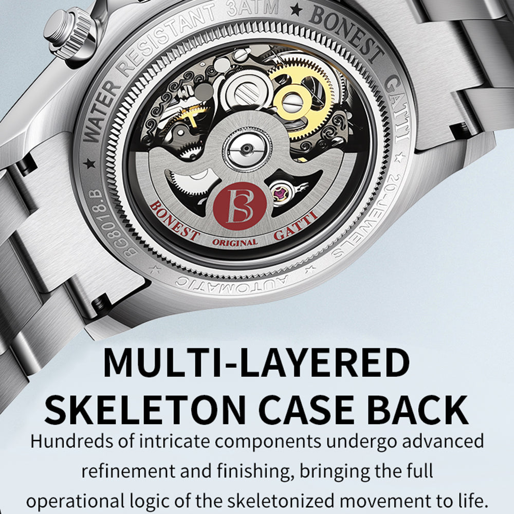 BONEST GATTI Gradient Gemstone Bezel Skeleton Automatic Chronograph Watch BG8018