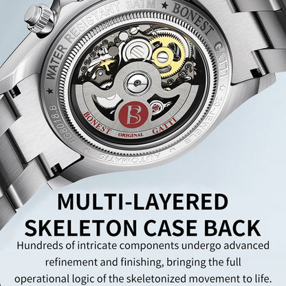 BONEST GATTI Gradient Gemstone Bezel Skeleton Automatic Chronograph Watch BG8018