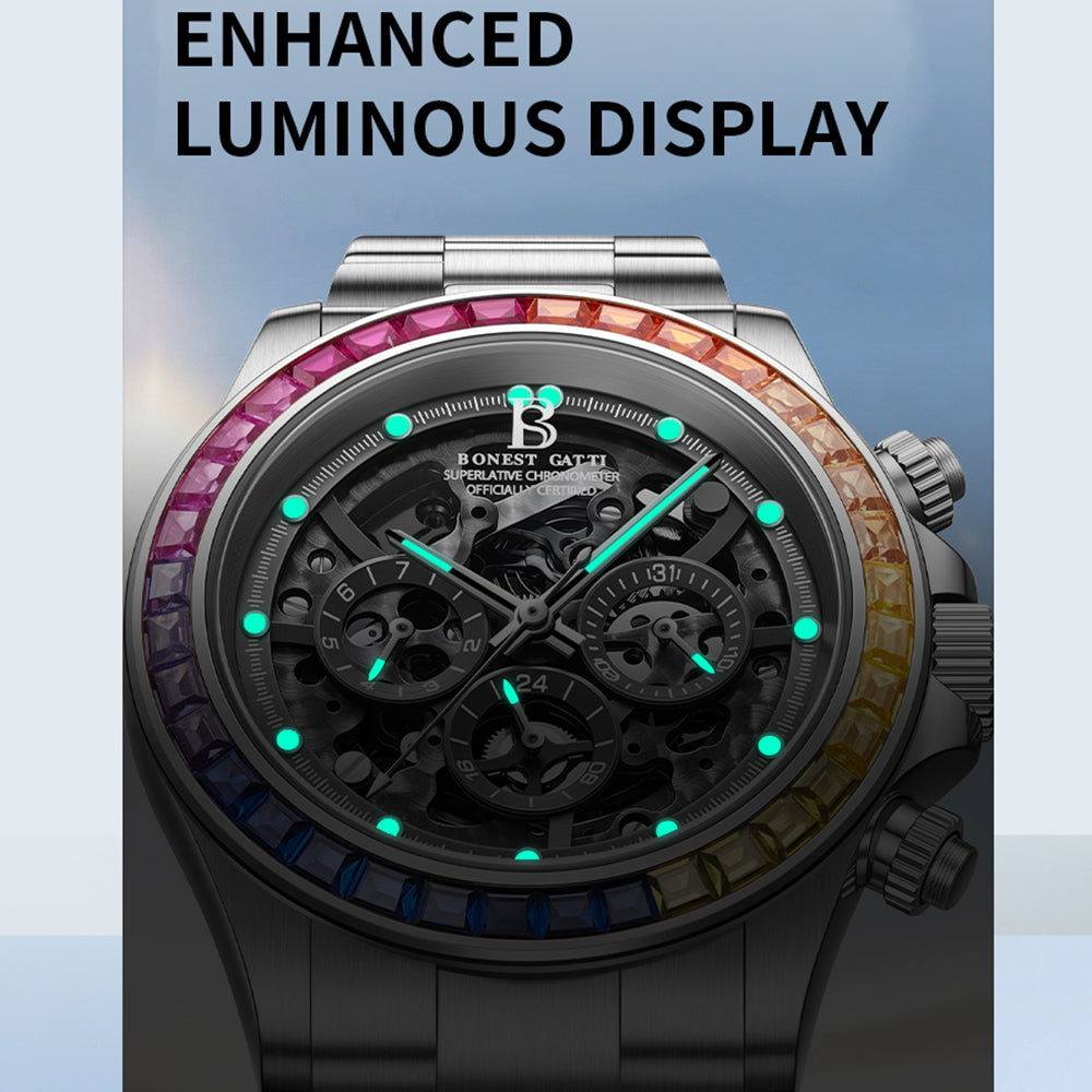 BONEST GATTI Gradient Gemstone Bezel Skeleton Automatic Chronograph Watch BG8018
