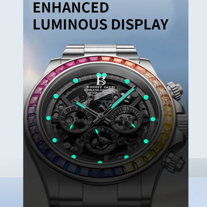 BONEST GATTI Gradient Gemstone Bezel Skeleton Automatic Chronograph Watch BG8018