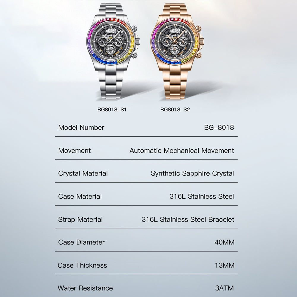 BONEST GATTI Gradient Gemstone Bezel Skeleton Automatic Chronograph Watch BG8018