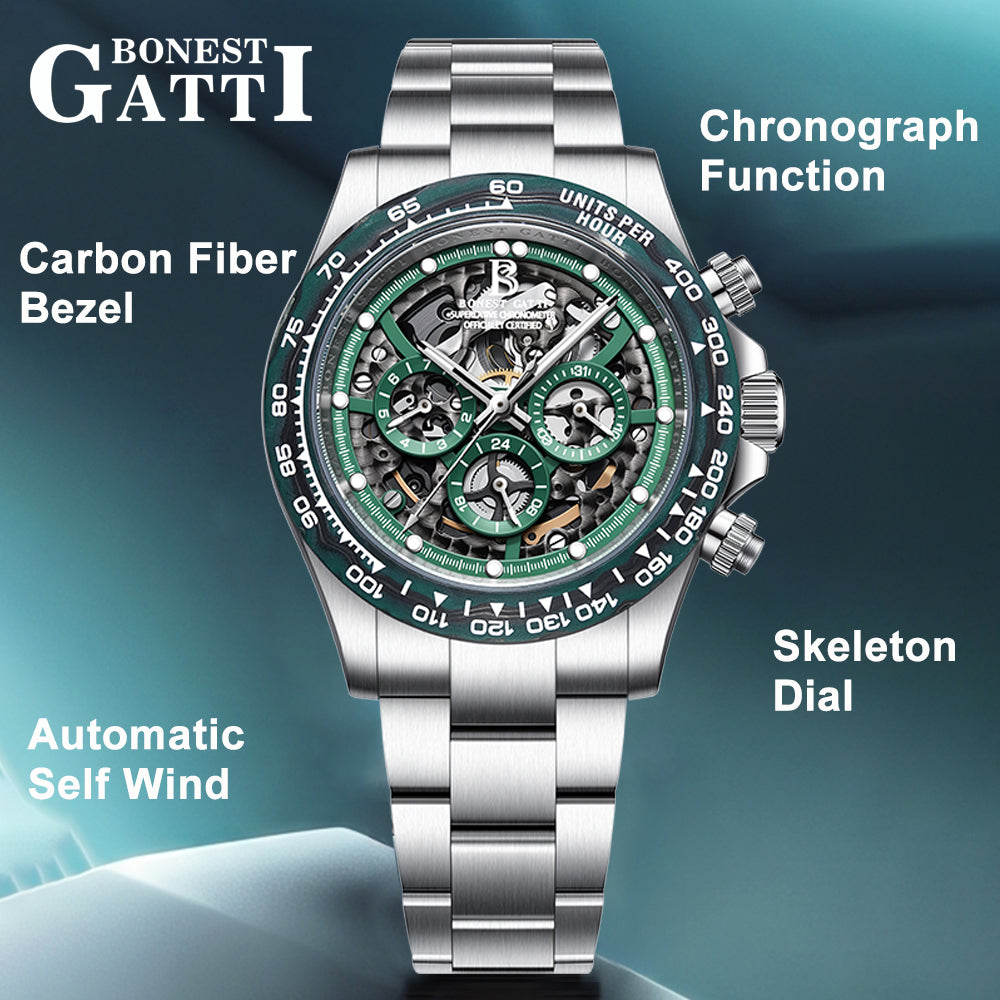 BONEST GATTI Carbon Fiber Bezel Skeleton Automatic Chronograph Watch BG8019