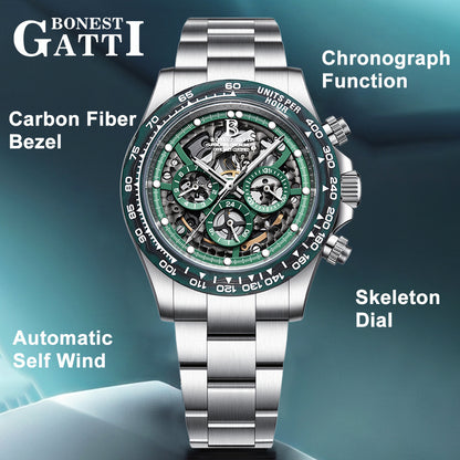 BONEST GATTI Carbon Fiber Bezel Skeleton Automatic Chronograph Watch BG8019