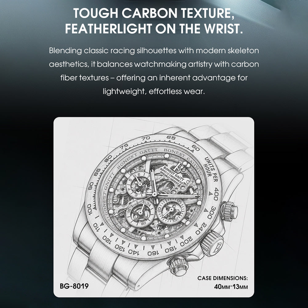 BONEST GATTI Carbon Fiber Bezel Skeleton Automatic Chronograph Watch BG8019