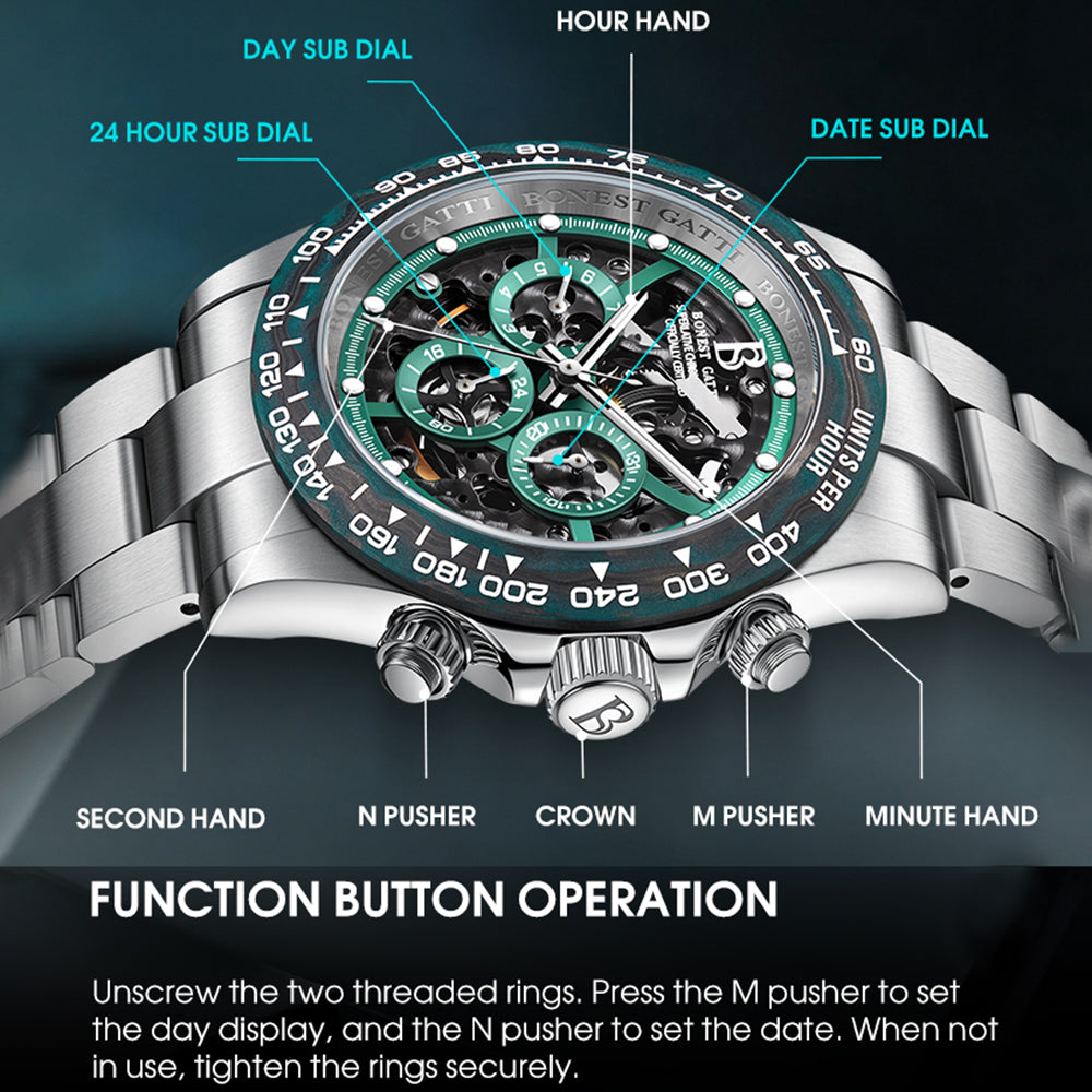BONEST GATTI Carbon Fiber Bezel Skeleton Automatic Chronograph Watch BG8019