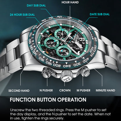 BONEST GATTI Carbon Fiber Bezel Skeleton Automatic Chronograph Watch BG8019