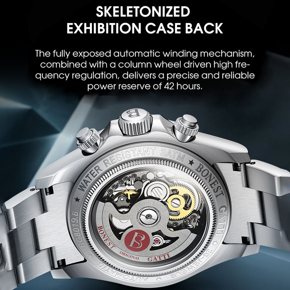 BONEST GATTI Carbon Fiber Bezel Skeleton Automatic Chronograph Watch BG8019