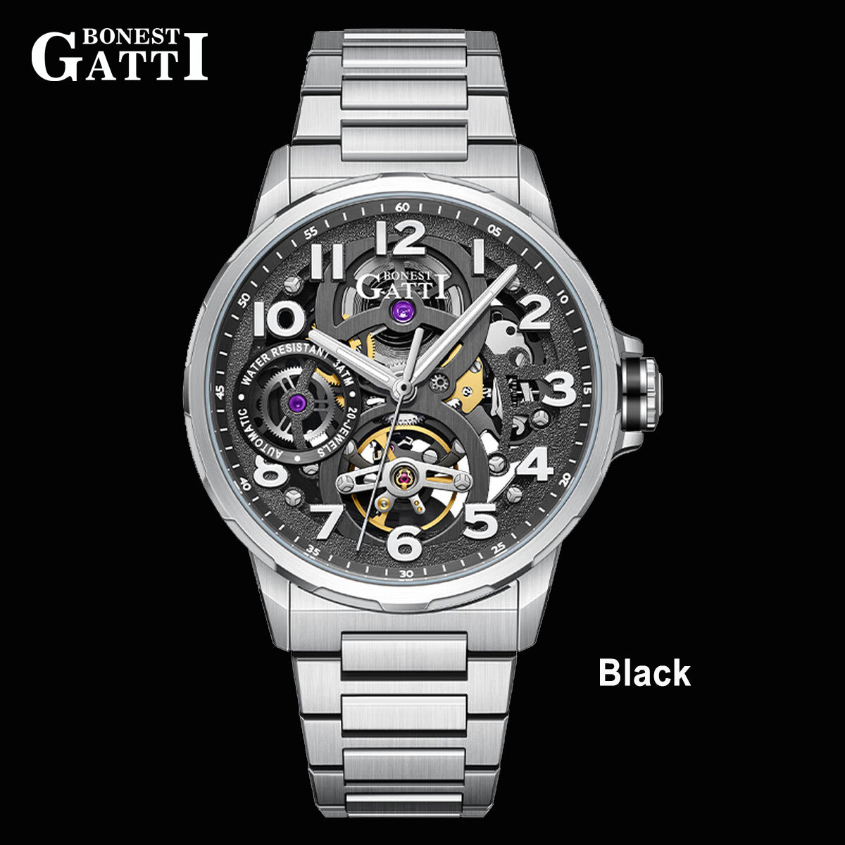 BONEST GATTI Automatic Skeleton Watch Self Wind Movement Sapphire Crystal Luminous Watch BG8010