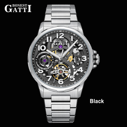 BONEST GATTI Automatic Skeleton Watch Self Wind Movement Sapphire Crystal Luminous Watch BG8010