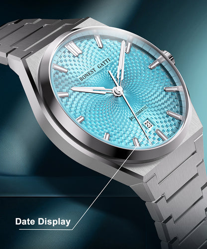 BONEST GATTI Automatic Men Watch Guilloché Pattern Date Display Self Wind Movement Sapphire Crystal Luminous Business Watch BG8012