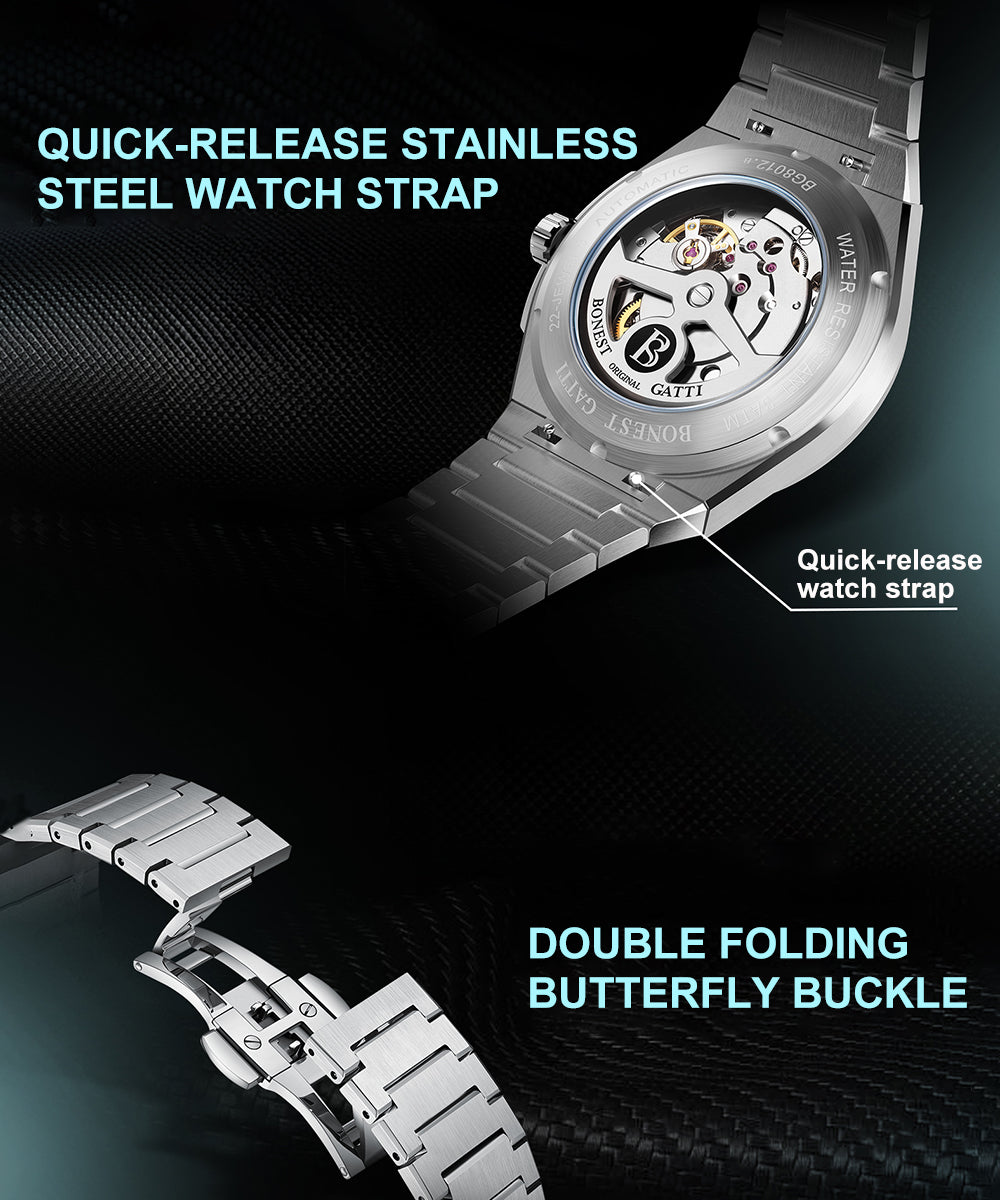 BONEST GATTI Automatic Men Watch Guilloché Pattern Date Display Self Wind Movement Sapphire Crystal Luminous Business Watch BG8012