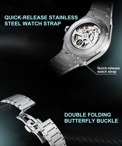 BONEST GATTI Automatic Men Watch Guilloché Pattern Date Display Self Wind Movement Sapphire Crystal Luminous Business Watch BG8012