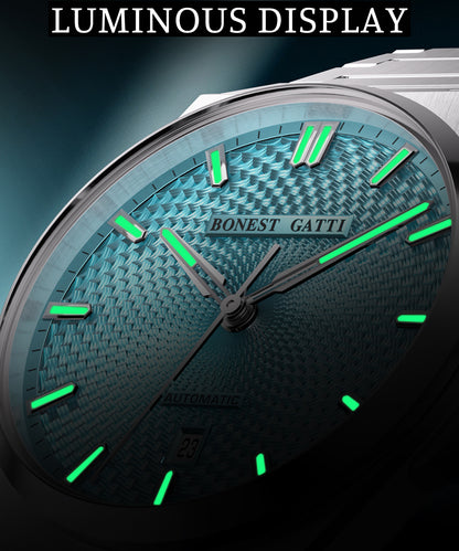 BONEST GATTI Automatic Men Watch Guilloché Pattern Date Display Self Wind Movement Sapphire Crystal Luminous Business Watch BG8012