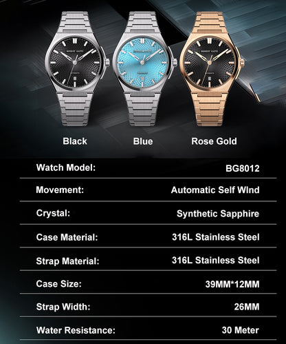 BONEST GATTI Automatic Men Watch Guilloché Pattern Date Display Self Wind Movement Sapphire Crystal Luminous Business Watch BG8012