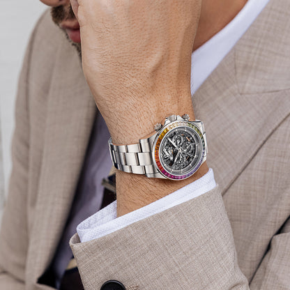 BONEST GATTI Gradient Gemstone Bezel Skeleton Automatic Chronograph Watch BG8018