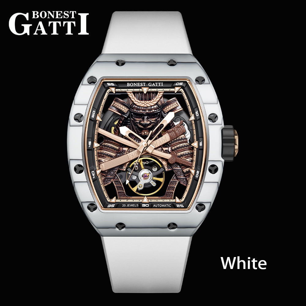 BONEST GATTI Automatic Tonneau Watch Phantom Black Warrior Dial Carbon Fiber Skeleton Self Wind Movement Sapphire Crystal Luminous Watch BG9008